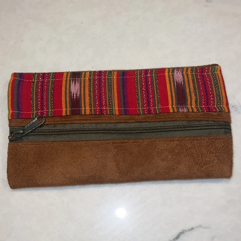 Brown Suede & Multicolor Caribbean Zip Up Clutch Pouch 9x5” Colorful Stripe - Picture 2 of 4